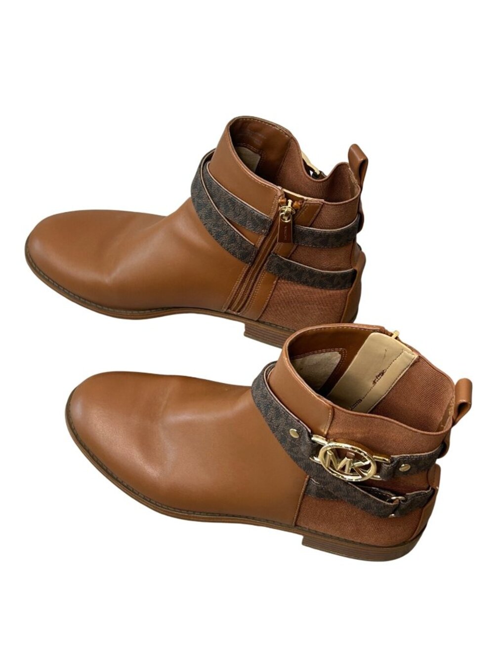 Michael Kors Brown Ankle Boots With Gold Logo Buckle Side Zipper & Faux Leather - Picture 11 of 16